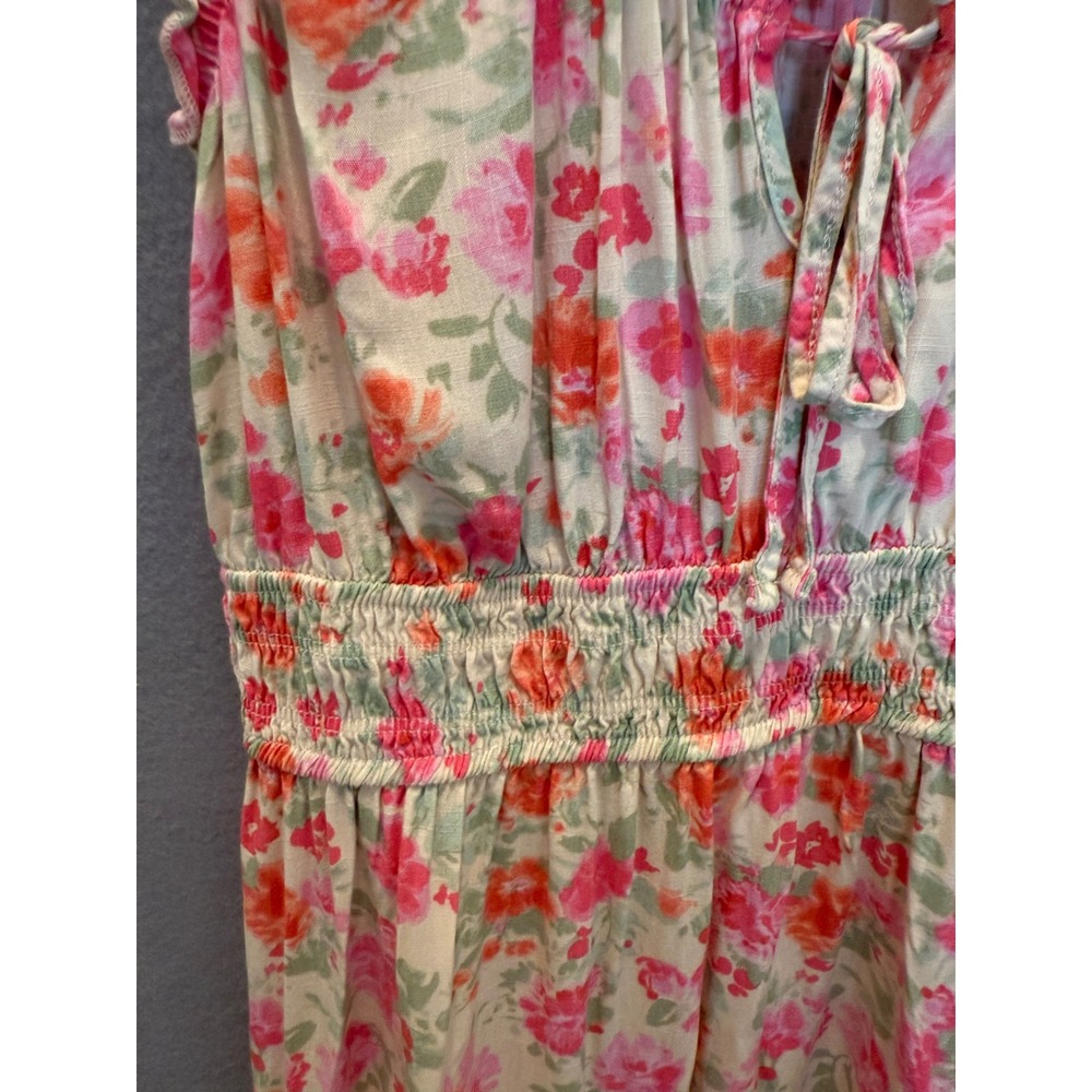 Hippie Rose Floral Smocked Waist Midi Dress Pink Orange Ruffle Women M - Picture 3 of 8